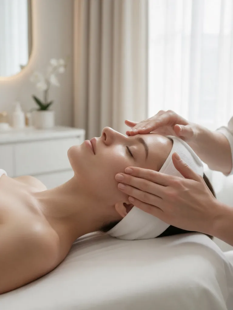 Tratamento facial com mãos de profissional em paciente relaxada