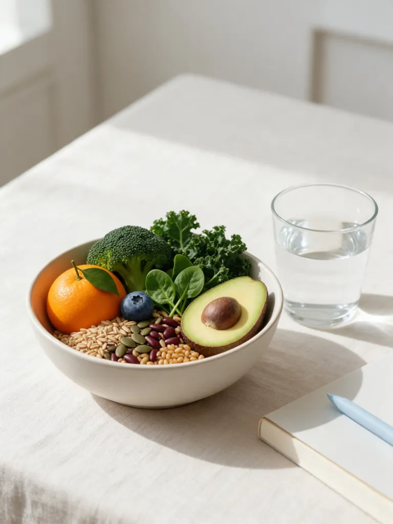 Alimentos frescos em uma mesa clara, com copo de água