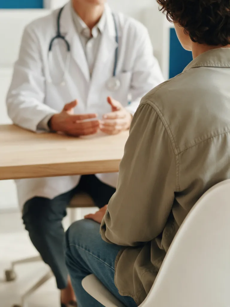 Médico conversando com paciente em consultório